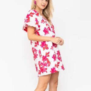 NEW pink fuscia floral jacquard bubble puff sleeve dress with bow back